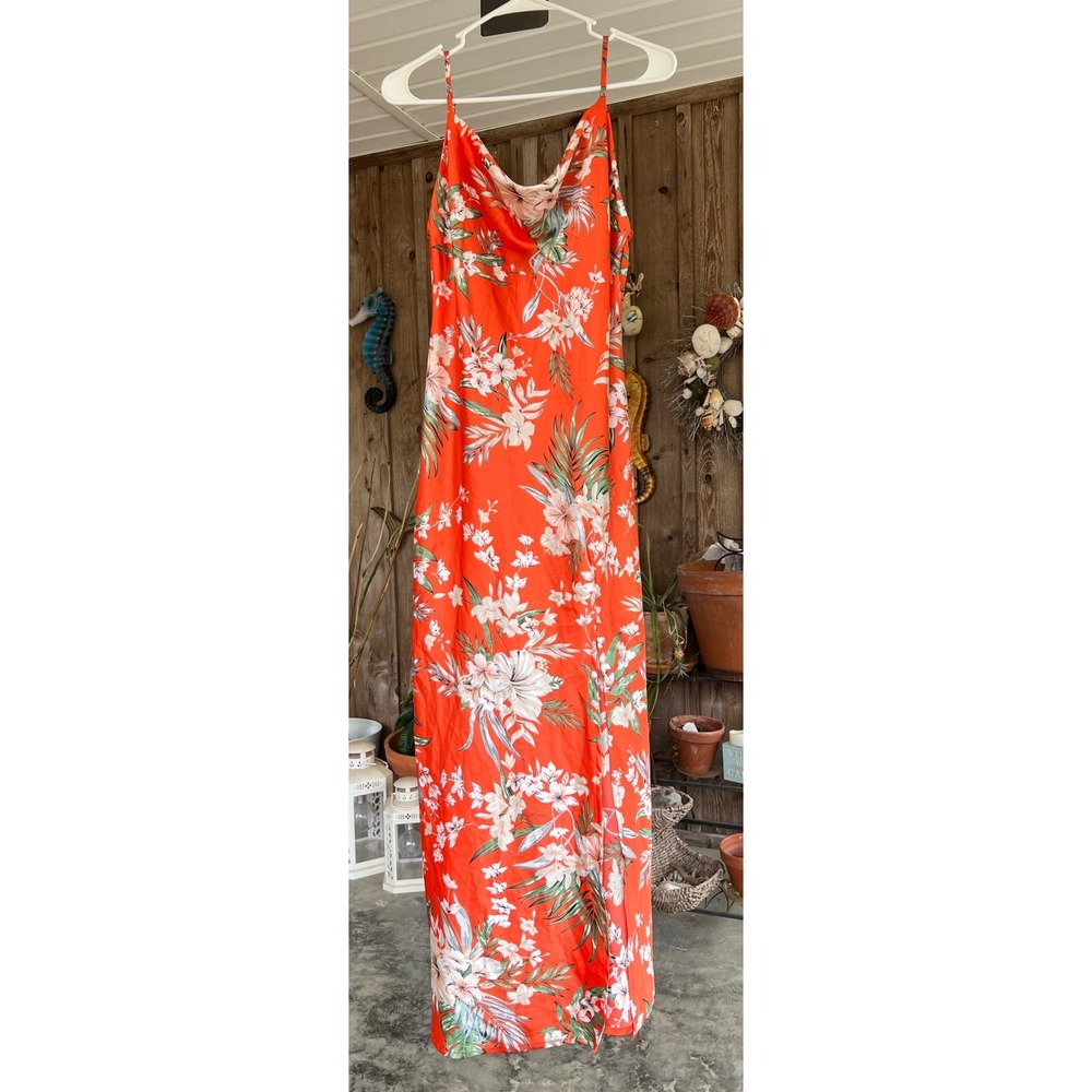 Paper Heart Orange Tropical Floral Satin Cowl Neck Maxi‎ Dress PH93086 Size M